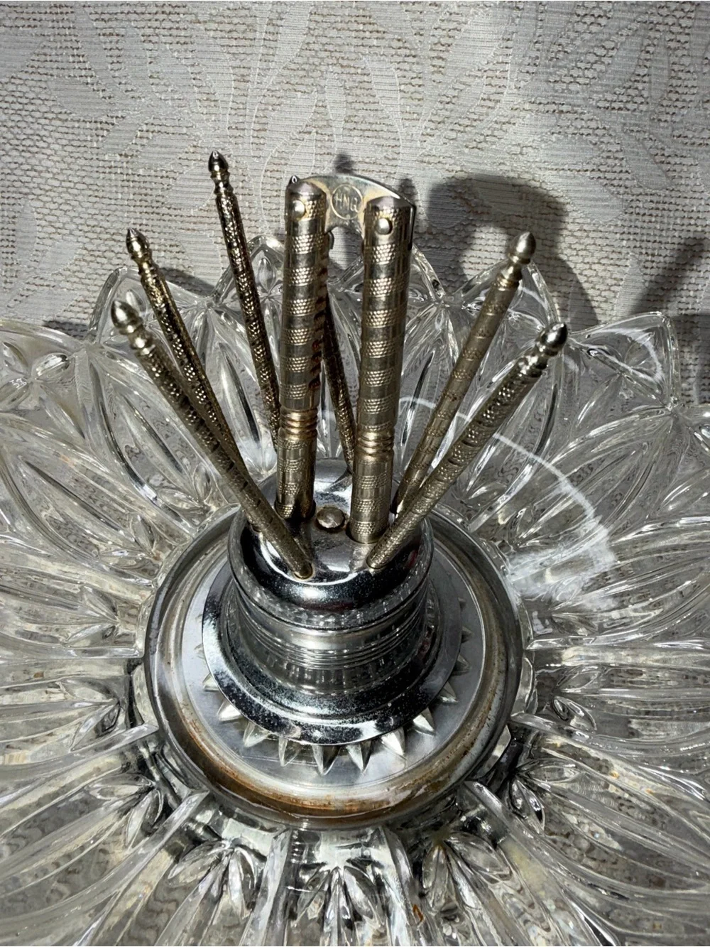 vintage Mid-Century Modern glass nutcracker bowl with metal picks